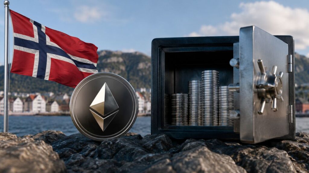 Moneda de Ethereum junto a una caja fuerte con monedas y la bandera de Noruega al fondo.