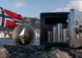 Moneda de Ethereum junto a una caja fuerte con monedas y la bandera de Noruega al fondo.