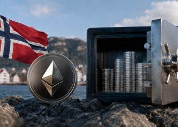 Moneda de Ethereum junto a una caja fuerte con monedas y la bandera de Noruega al fondo.
