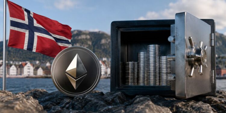 Moneda de Ethereum junto a una caja fuerte con monedas y la bandera de Noruega al fondo.