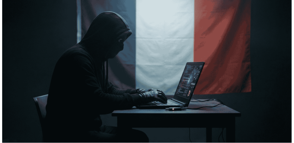 Un hacker. De fondo, la bandera de Francia.