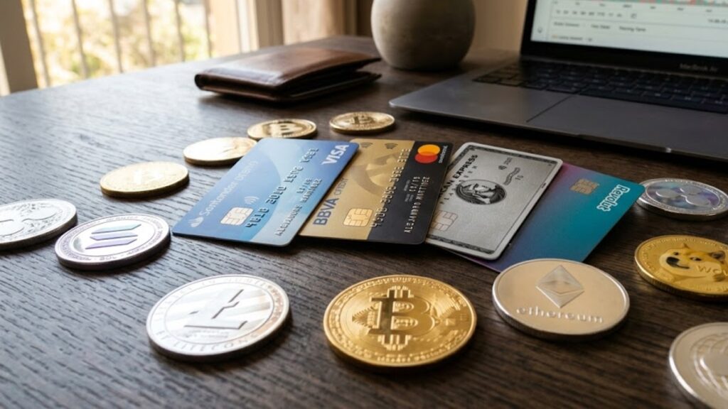Tarjetas de crédito y débito con criptomonedas alrededor sobre una mesa.