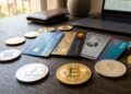 Tarjetas de crédito y débito con criptomonedas alrededor sobre una mesa.