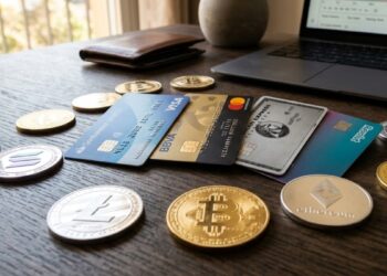 Tarjetas de crédito y débito con criptomonedas alrededor sobre una mesa.
