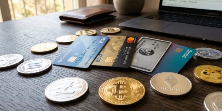Tarjetas de crédito y débito con criptomonedas alrededor sobre una mesa.