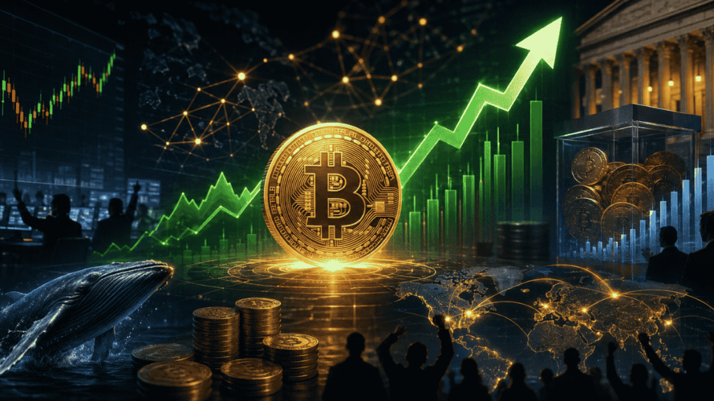 Moneda de bitcoin, gráfico verde, ballena, inversores festejando.