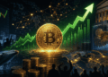 Moneda de bitcoin, gráfico verde, ballena, inversores festejando.