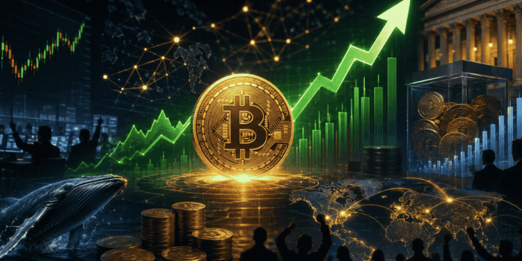 Moneda de bitcoin, gráfico verde, ballena, inversores festejando.