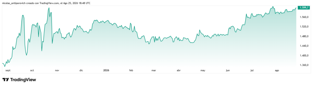 Gráfico del precio de USDT medido en pesos argentinos durante los últimos 12 meses.