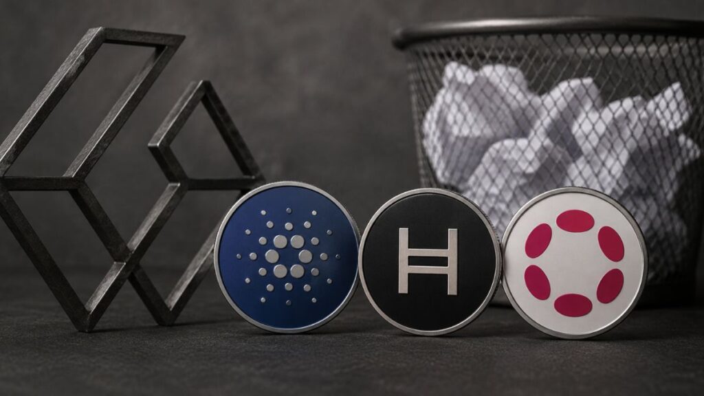 Monedas físicas con los logos de Cardano, Hedera y Polkadot junto a una papelera de reciclaje.