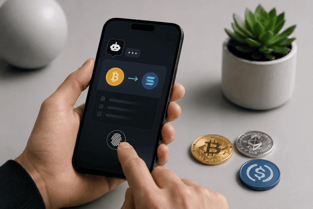 Persona autoriza desde un teléfono una transacción de criptomonedas mediante autenticación biométrica.