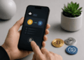 Persona autoriza desde un teléfono una transacción de criptomonedas mediante autenticación biométrica.