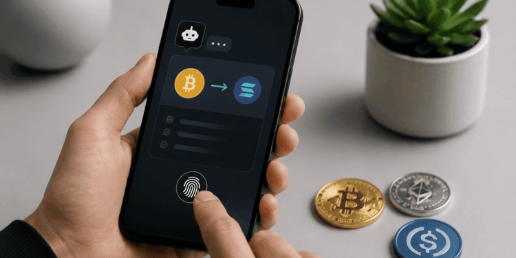 Persona autoriza desde un teléfono una transacción de criptomonedas mediante autenticación biométrica.