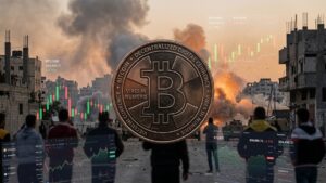 Bitcoin con un fondo de explosiones en Medio Oriente y gráficas de mercado mixtas.