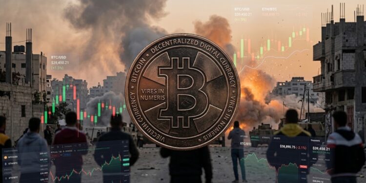 Bitcoin con un fondo de explosiones en Medio Oriente y gráficas de mercado mixtas.