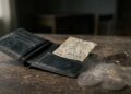 Cartera de cuero marrón sobre una mesa de madera oscura, junto a una factura blanca arrugada y doblada. Iluminación natural desde la izquierda que proyecta sombras suaves. La escena es limpia, minimalista y silenciosa, con la factura como único elemento de desorden.