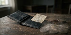 Cartera de cuero marrón sobre una mesa de madera oscura, junto a una factura blanca arrugada y doblada. Iluminación natural desde la izquierda que proyecta sombras suaves. La escena es limpia, minimalista y silenciosa, con la factura como único elemento de desorden.