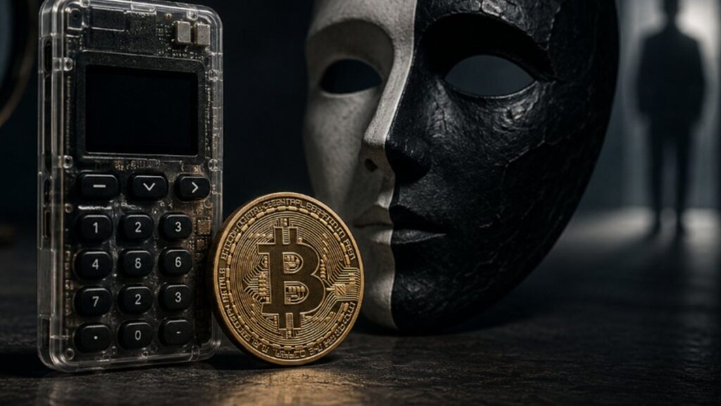 Una wallet de Coldcard junto a una moneda física de bitcoin.