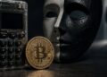 Una wallet de Coldcard junto a una moneda física de bitcoin.