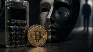 Una wallet de Coldcard junto a una moneda física de bitcoin.