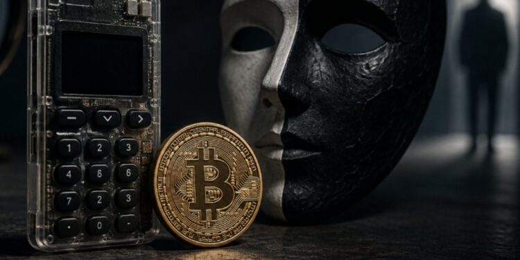 Una wallet de Coldcard junto a una moneda física de bitcoin.