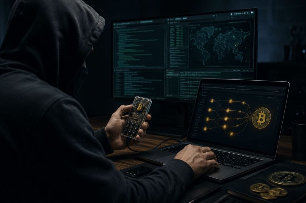 Una persona encapuchada delante de una computadora que muestra monedas de bitcoin.