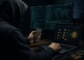 Una persona encapuchada delante de una computadora que muestra monedas de bitcoin.