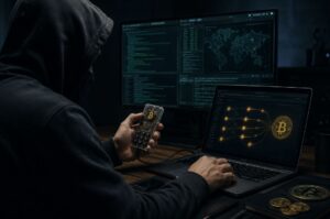 Una persona encapuchada delante de una computadora que muestra monedas de bitcoin.