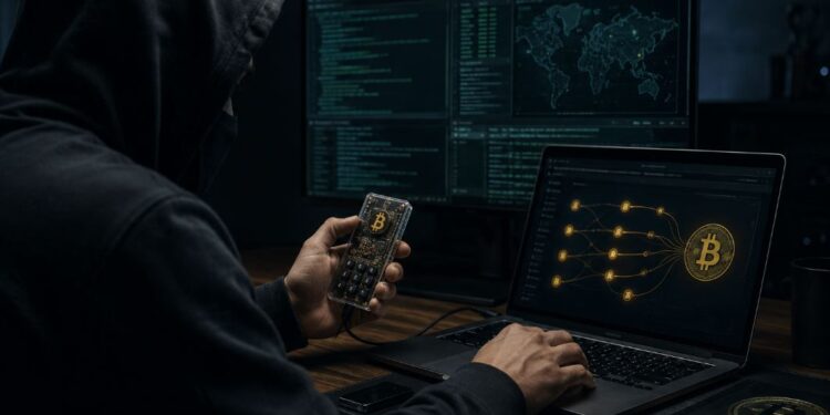 Una persona encapuchada delante de una computadora que muestra monedas de bitcoin.