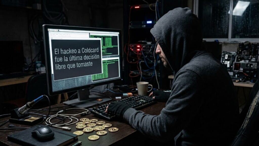 Un hacker encapuchado leyendo mensajes amenazantes y críticos en una computadora, con monedas de bitcoin alrededor.