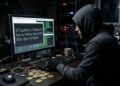 Un hacker encapuchado leyendo mensajes amenazantes y críticos en una computadora, con monedas de bitcoin alrededor.