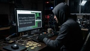 Un hacker encapuchado leyendo mensajes amenazantes y críticos en una computadora, con monedas de bitcoin alrededor.