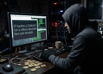 Un hacker encapuchado leyendo mensajes amenazantes y críticos en una computadora, con monedas de bitcoin alrededor.