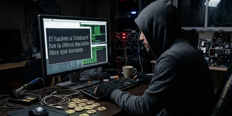 Un hacker encapuchado leyendo mensajes amenazantes y críticos en una computadora, con monedas de bitcoin alrededor.