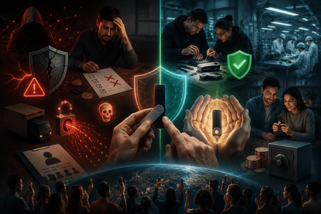 Una wallet de hardware protegida por un escudo, entre amenazas de hackeo y sistemas de seguridad.