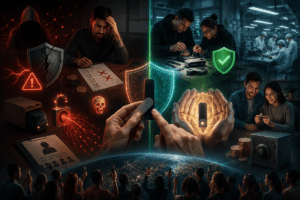 Una wallet de hardware protegida por un escudo, entre amenazas de hackeo y sistemas de seguridad.