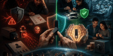 Una wallet de hardware protegida por un escudo, entre amenazas de hackeo y sistemas de seguridad.