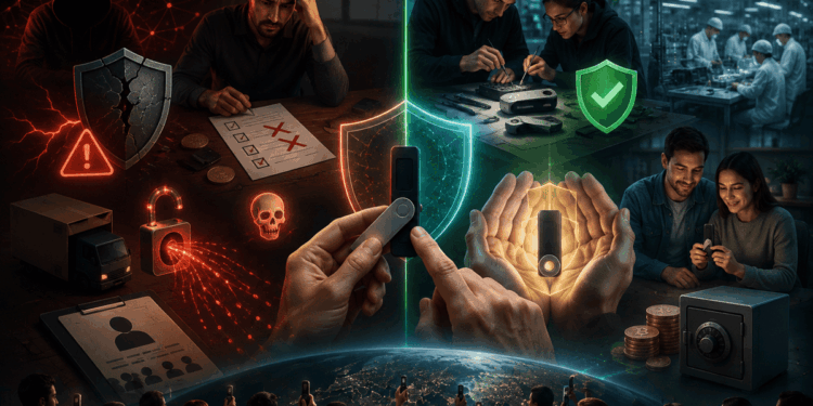 Una wallet de hardware protegida por un escudo, entre amenazas de hackeo y sistemas de seguridad.