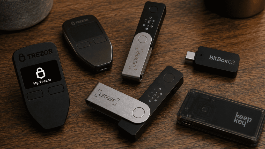 Varias hardware wallets de bitcoin sobre una mesa.