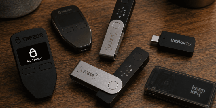 Varias hardware wallets de bitcoin sobre una mesa.