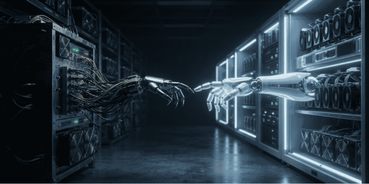 Mineros Asic estrechando manos con IA.