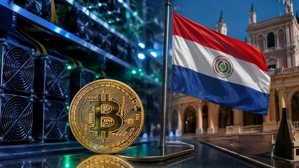 Moneda de Bitcoin con bandera de Paraguay frente a equipos de minería.