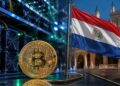 Moneda de Bitcoin con bandera de Paraguay frente a equipos de minería.