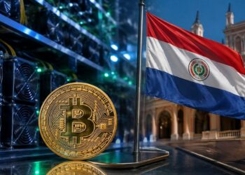 Moneda de Bitcoin con bandera de Paraguay frente a equipos de minería.