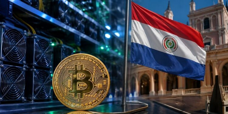Moneda de Bitcoin con bandera de Paraguay frente a equipos de minería.