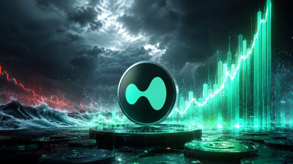 Moneda de Hyperliquid con gráfico alcista verde.