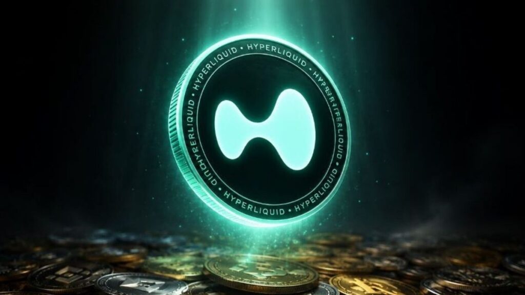 Una moneda física de Hyperliquid encima de varias criptomonedas físicas.
