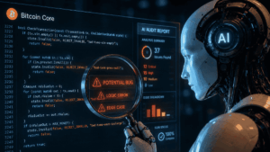 Un robot analizando código de bitcoin.