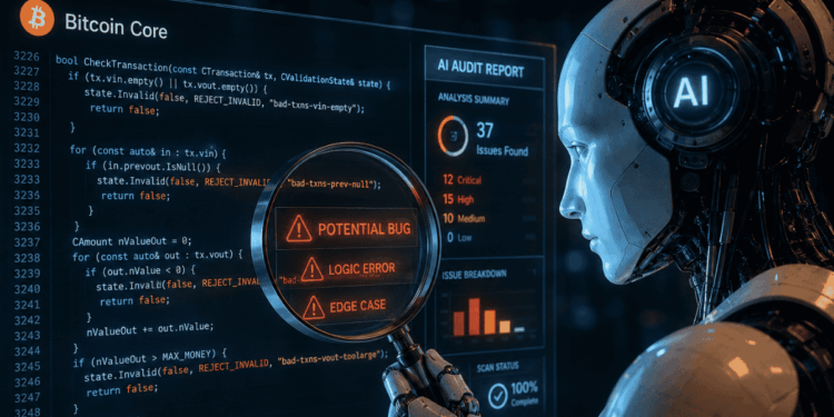 Un robot analizando código de bitcoin.