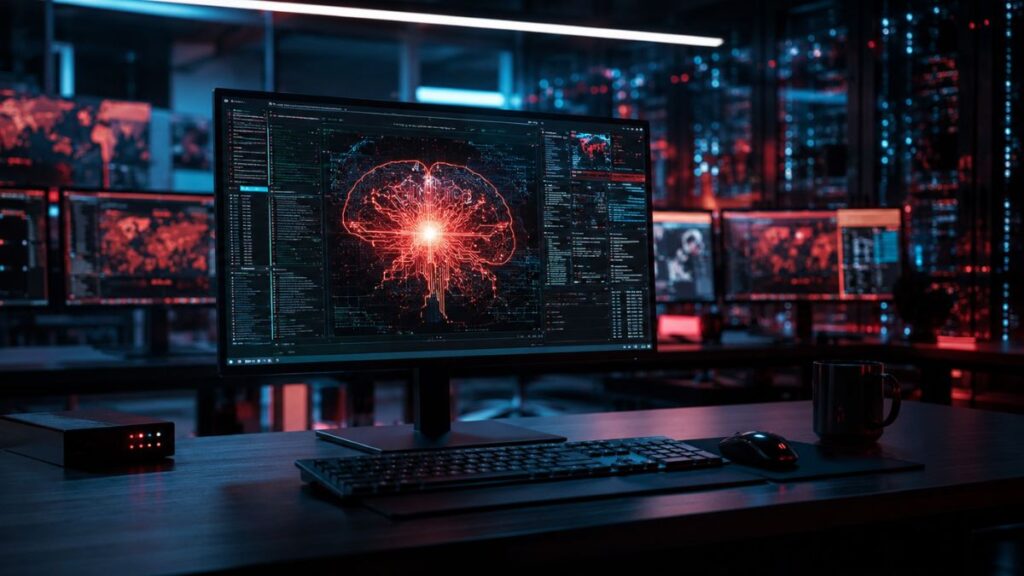 Monitor mostrando una visualización de IA neuronal roja como arma cibernética, en un centro de datos oscuro.